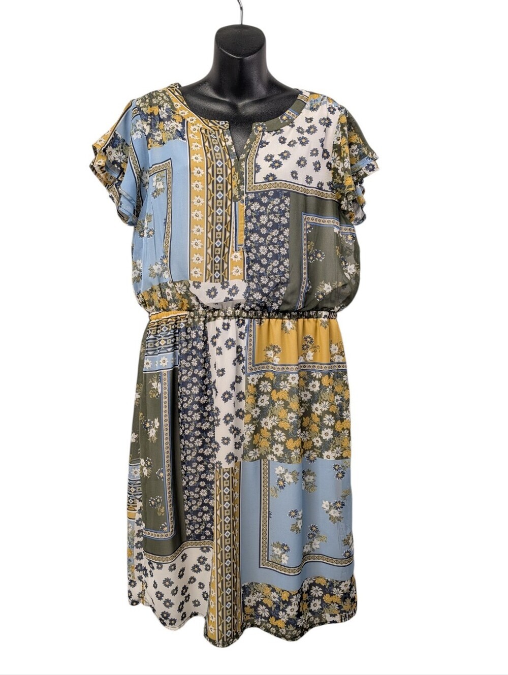 Como Blu Floral Midi Dress Womens Large Flutter Sleeve Elastic Waist Lined Boho